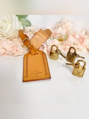 Louis Vuitton Tan Leather Luggage Tag with Brass Padlocks Set 316, 313, 488